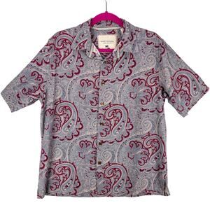 Island Republic Paisley Silk Shirt Men's Large Button Up Short Sleeve Gray Red